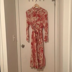 Shirt dress, tie belt, block print, linen blend